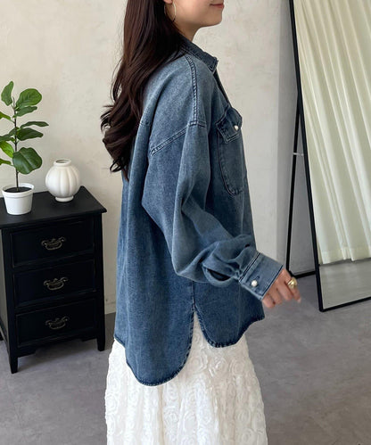 珍珠紐扣 寬鬆廓形 牛仔襯衫