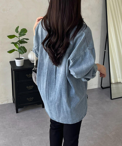 珍珠紐扣 寬鬆廓形 牛仔襯衫