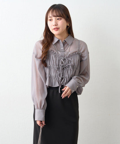 透紗亮絲 附束胸設計 襯衫上衣