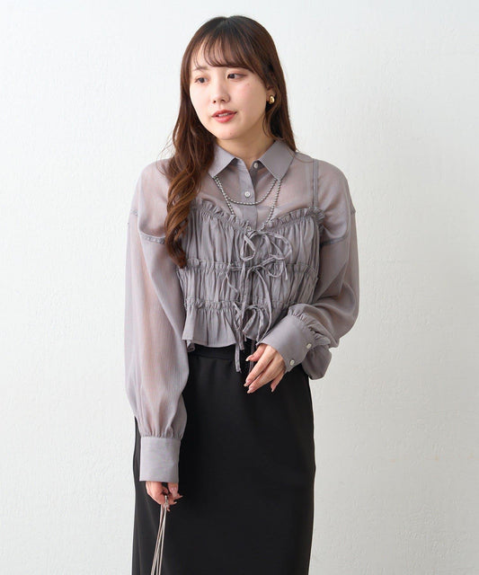透紗亮絲 附束胸設計 襯衫上衣