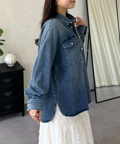 珍珠紐扣 寬鬆廓形 牛仔襯衫