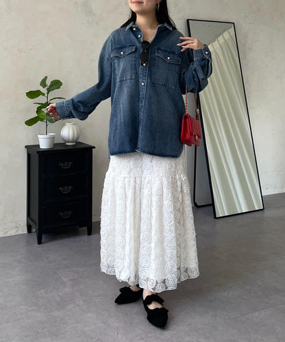 珍珠紐扣 寬鬆廓形 牛仔襯衫