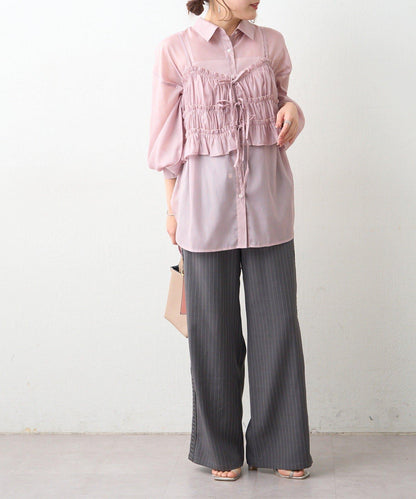 透紗亮絲 附束胸設計 襯衫上衣