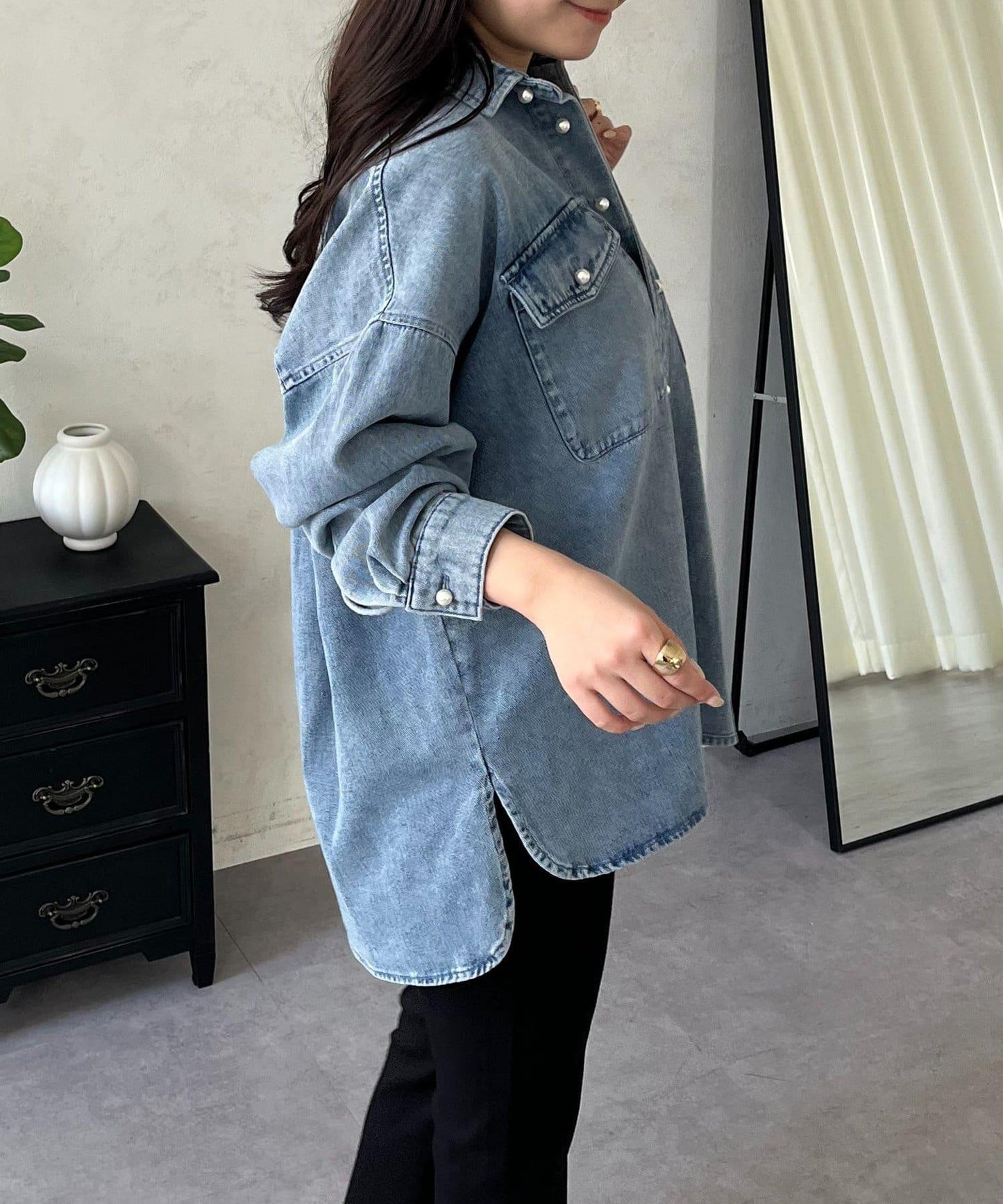 珍珠紐扣 寬鬆廓形 牛仔襯衫