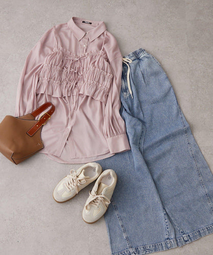 透紗亮絲 附束胸設計 襯衫上衣