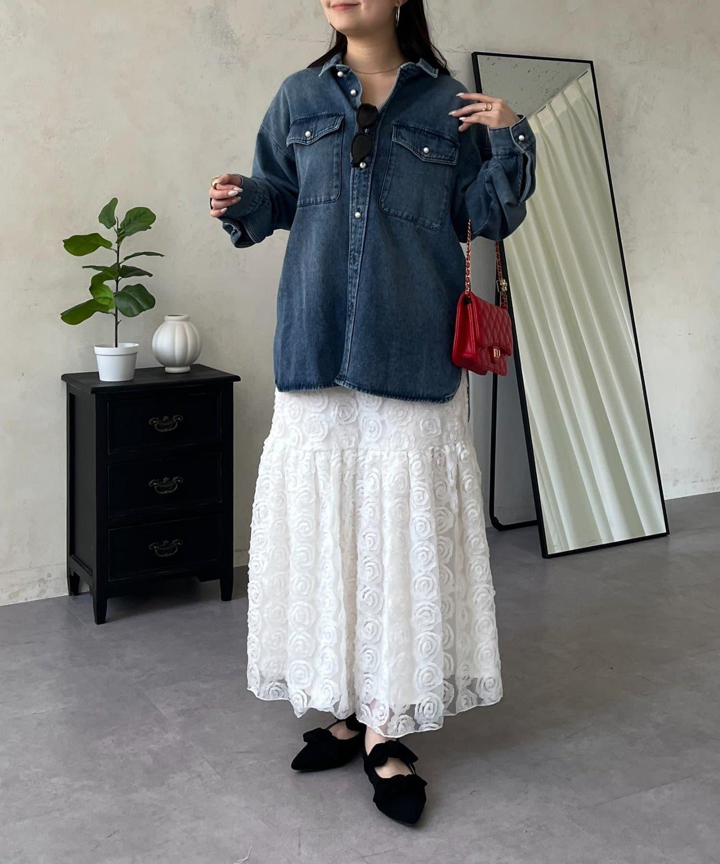 珍珠紐扣 寬鬆廓形 牛仔襯衫