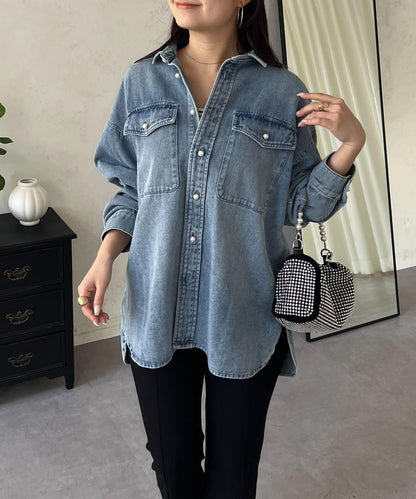 珍珠紐扣 寬鬆廓形 牛仔襯衫