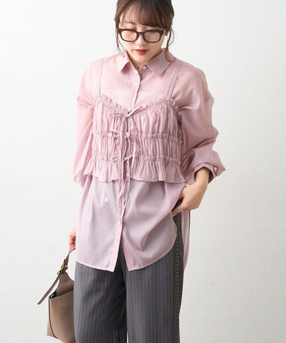 透紗亮絲 附束胸設計 襯衫上衣
