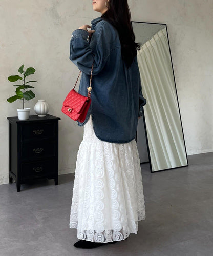 珍珠紐扣 寬鬆廓形 牛仔襯衫