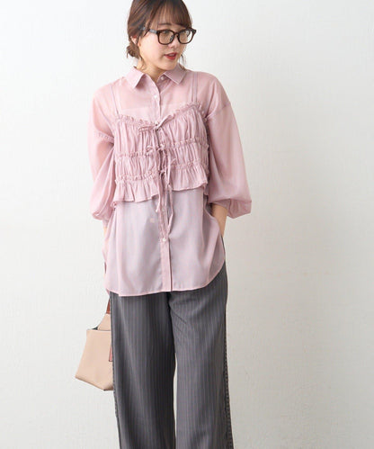 透紗亮絲 附束胸設計 襯衫上衣