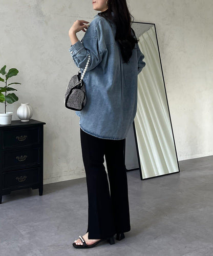 珍珠紐扣 寬鬆廓形 牛仔襯衫