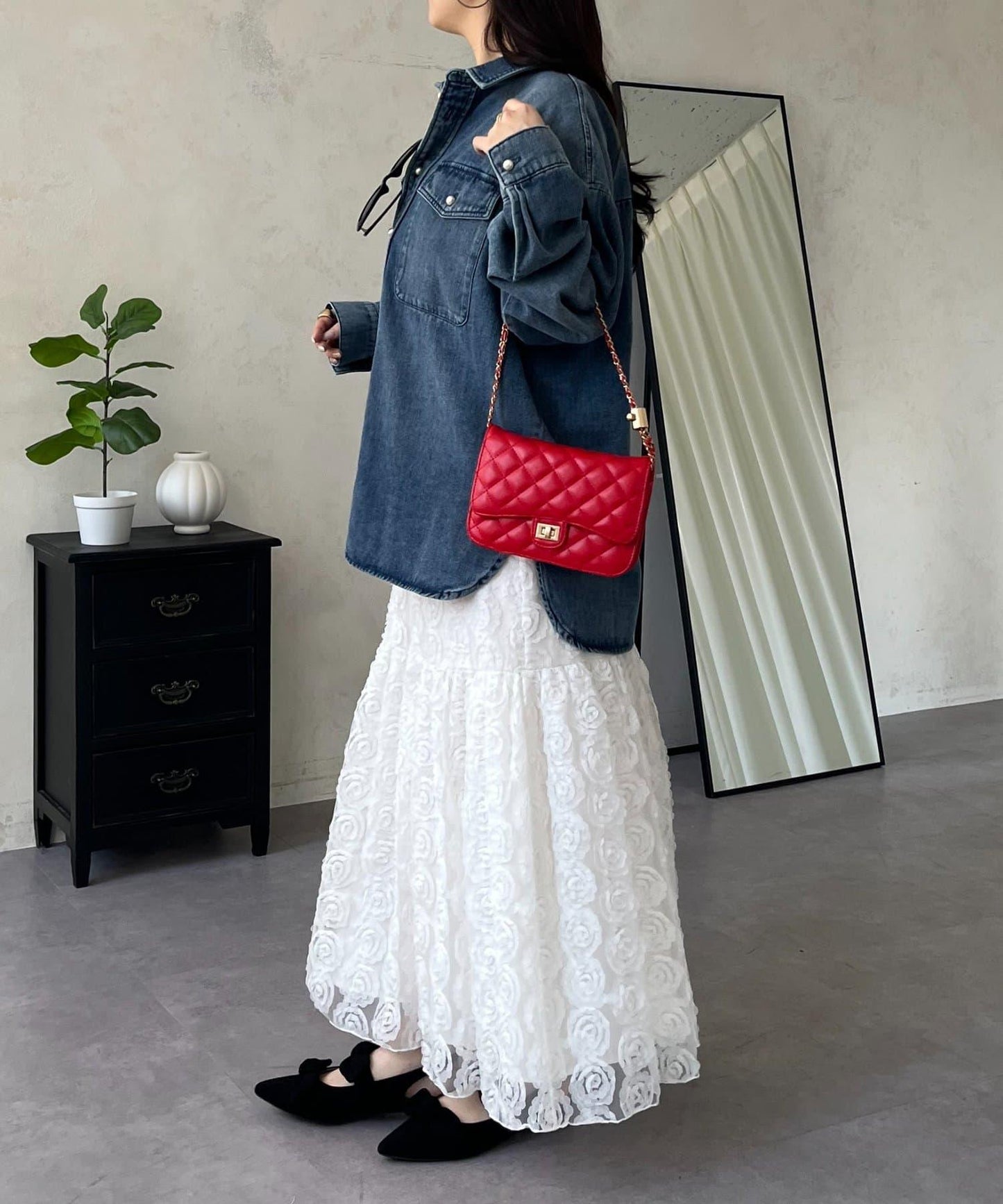 珍珠紐扣 寬鬆廓形 牛仔襯衫