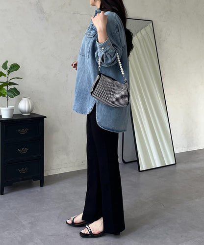 珍珠紐扣 寬鬆廓形 牛仔襯衫