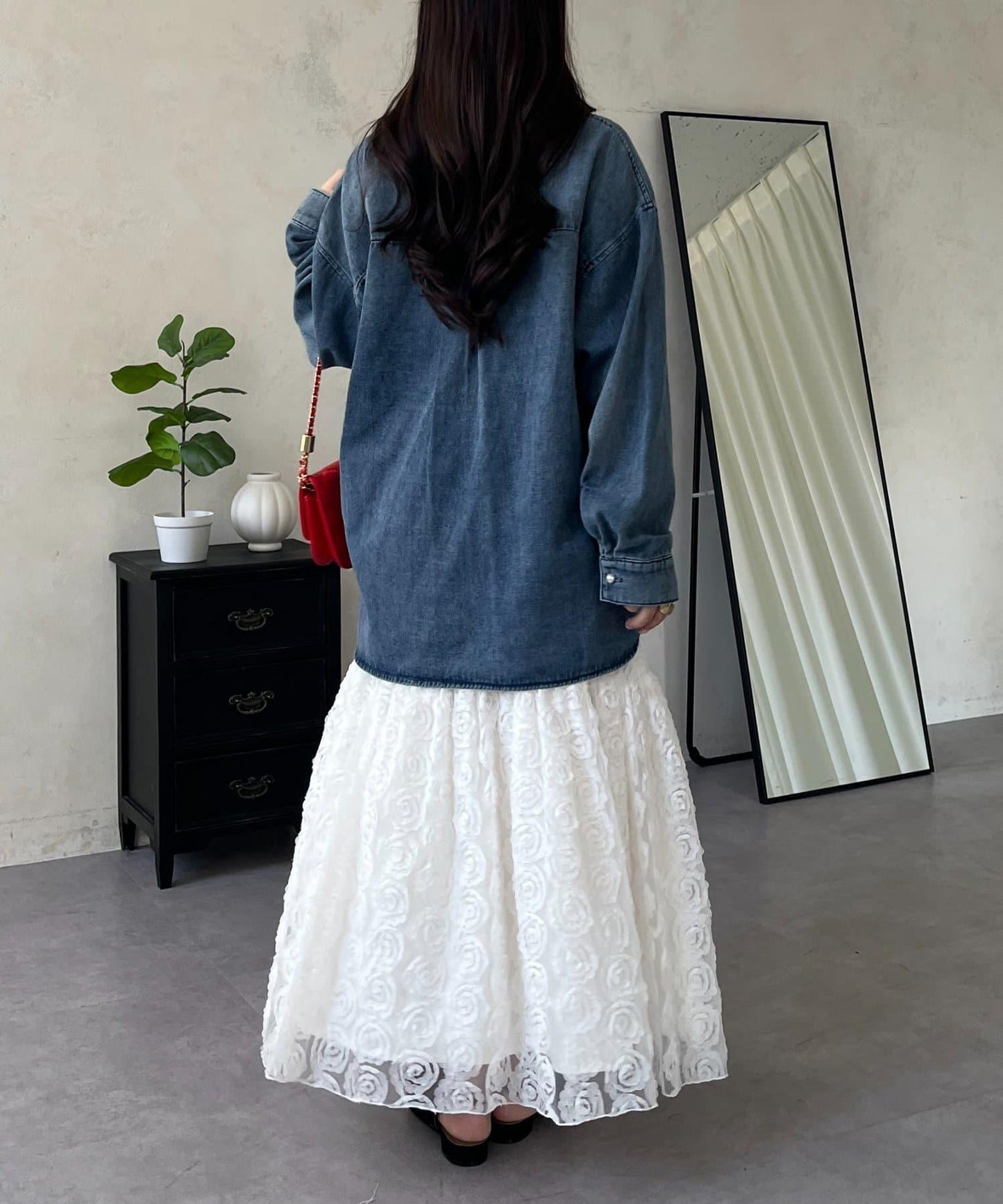 珍珠紐扣 寬鬆廓形 牛仔襯衫