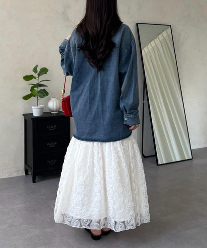 珍珠紐扣 寬鬆廓形 牛仔襯衫