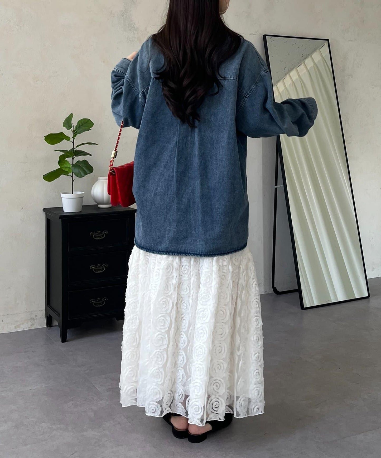 珍珠紐扣 寬鬆廓形 牛仔襯衫