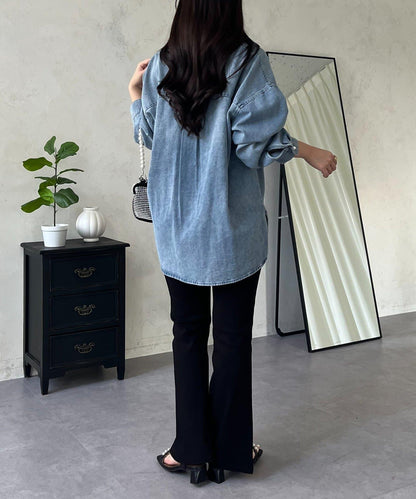 珍珠紐扣 寬鬆廓形 牛仔襯衫