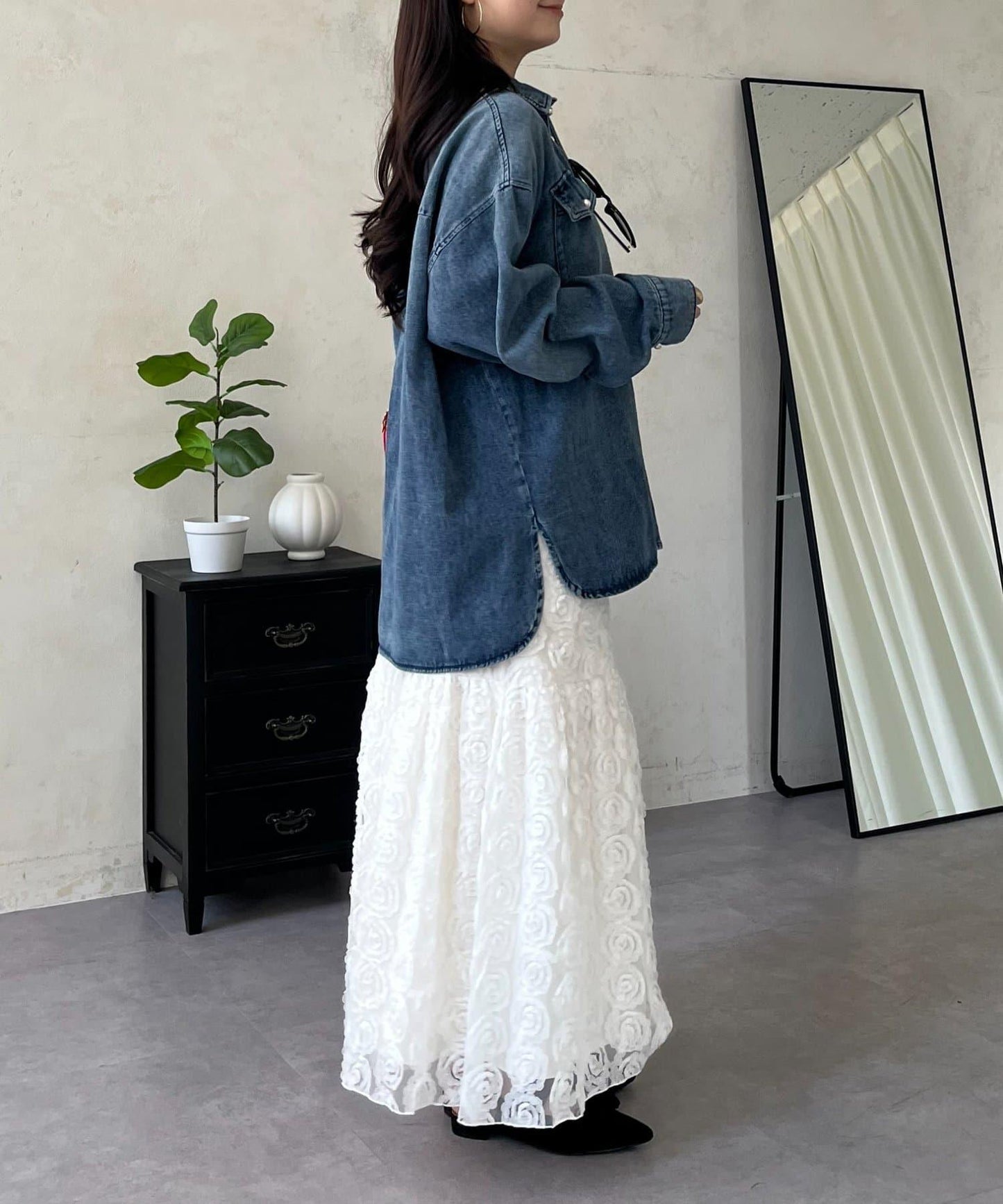 珍珠紐扣 寬鬆廓形 牛仔襯衫