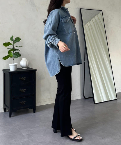 珍珠紐扣 寬鬆廓形 牛仔襯衫