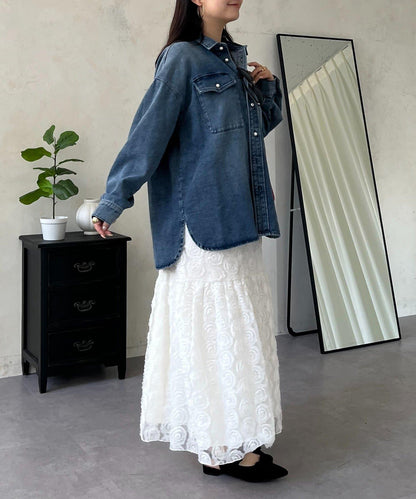 珍珠紐扣 寬鬆廓形 牛仔襯衫