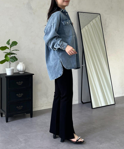 珍珠紐扣 寬鬆廓形 牛仔襯衫