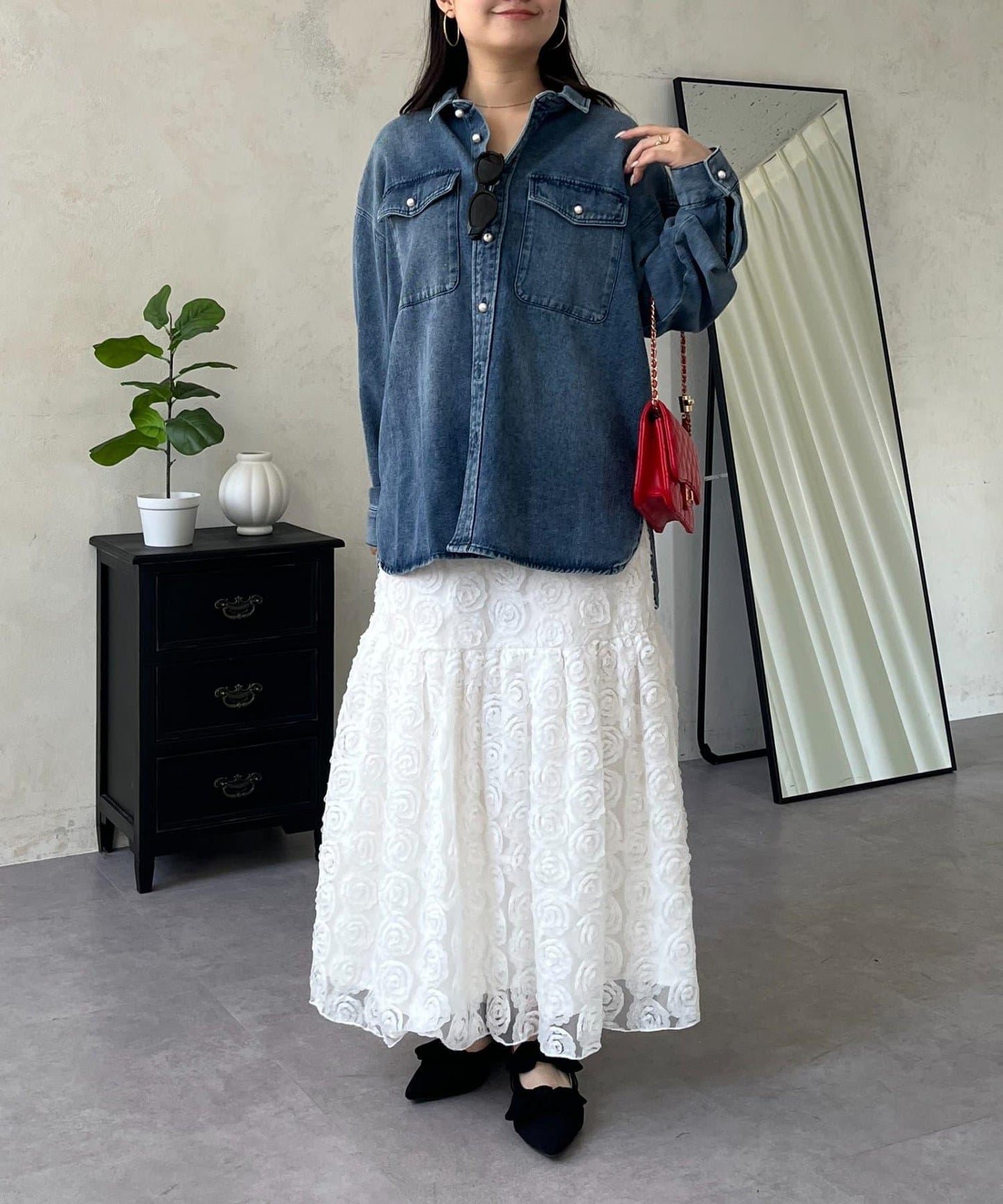 珍珠紐扣 寬鬆廓形 牛仔襯衫