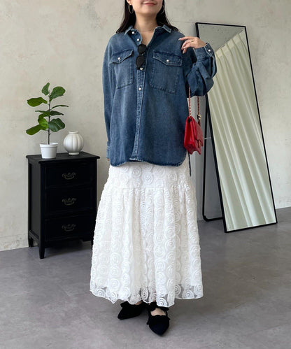 珍珠紐扣 寬鬆廓形 牛仔襯衫