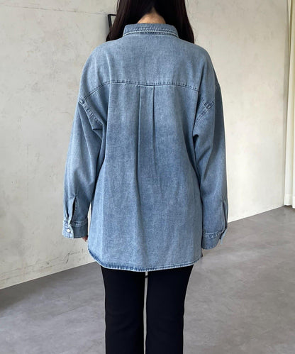 珍珠紐扣 寬鬆廓形 牛仔襯衫
