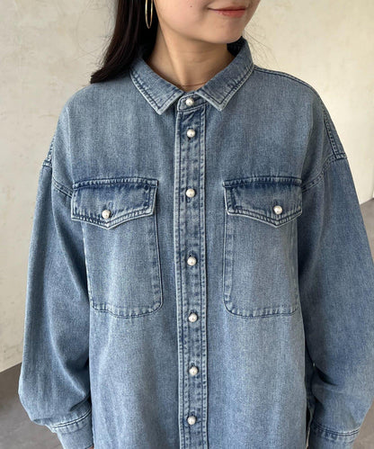 珍珠紐扣 寬鬆廓形 牛仔襯衫