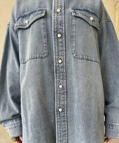 珍珠紐扣 寬鬆廓形 牛仔襯衫