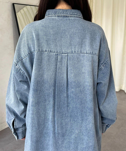 珍珠紐扣 寬鬆廓形 牛仔襯衫