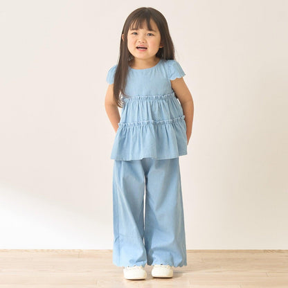 全面印花荷葉層疊上衣＋波浪邊褲裝套裝