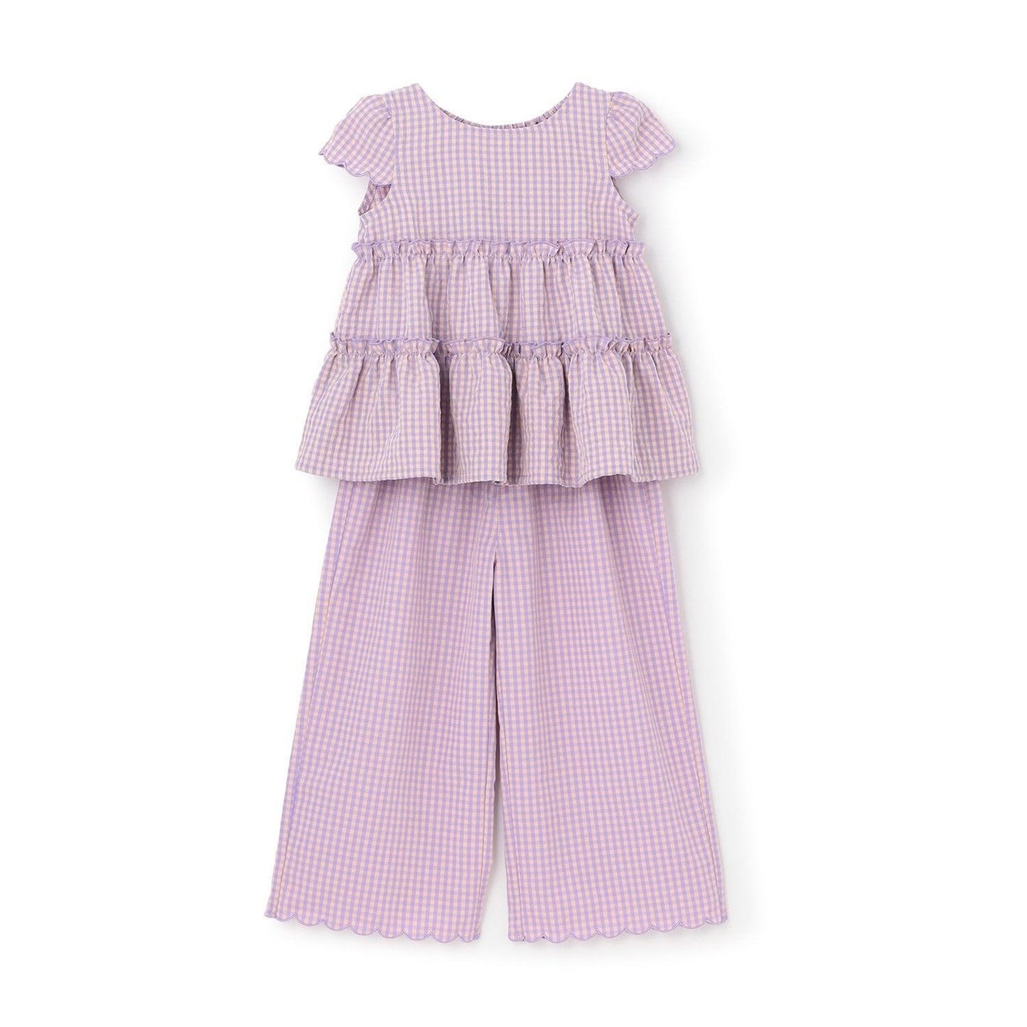 全面印花荷葉層疊上衣＋波浪邊褲裝套裝