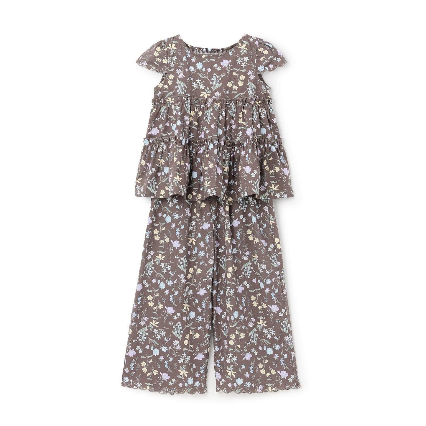 全面印花荷葉層疊上衣＋波浪邊褲裝套裝