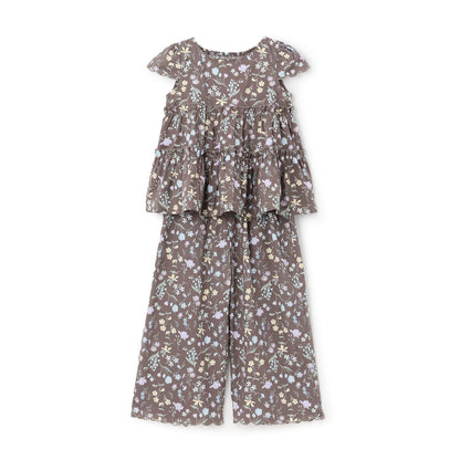 全面印花荷葉層疊上衣＋波浪邊褲裝套裝