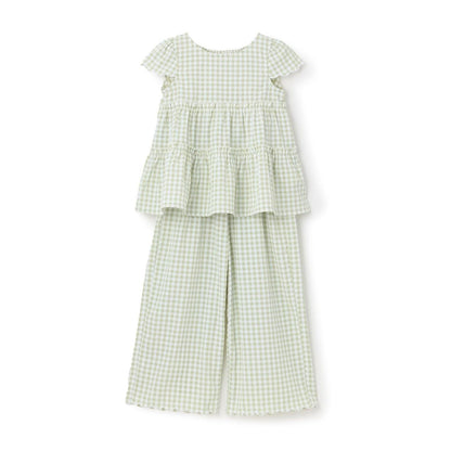 全面印花荷葉層疊上衣＋波浪邊褲裝套裝