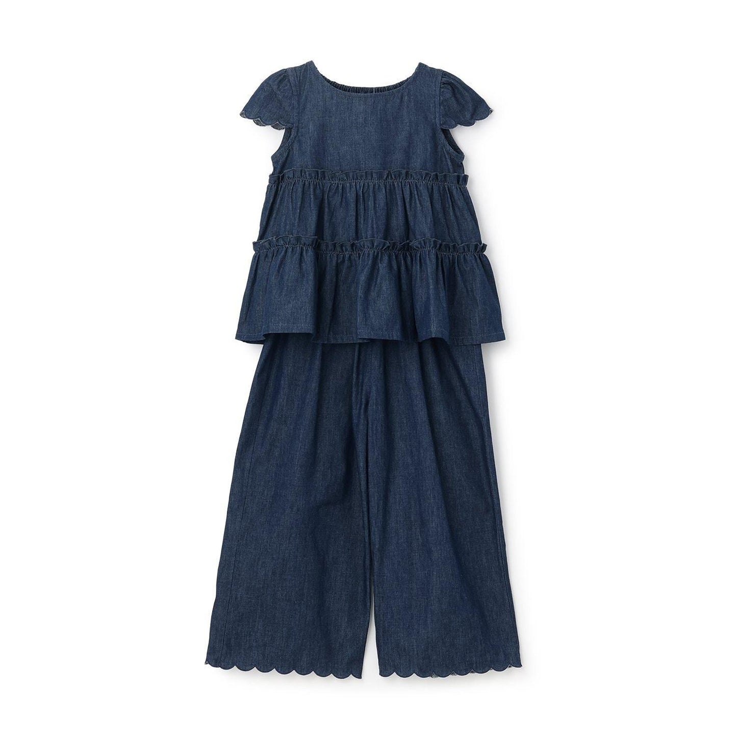 全面印花荷葉層疊上衣＋波浪邊褲裝套裝