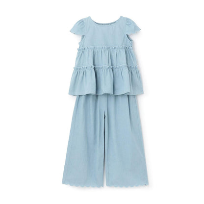 全面印花荷葉層疊上衣＋波浪邊褲裝套裝