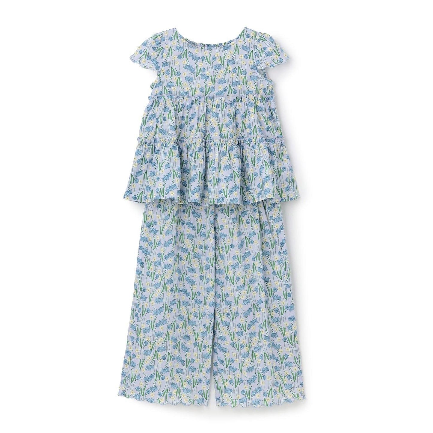 全面印花荷葉層疊上衣＋波浪邊褲裝套裝