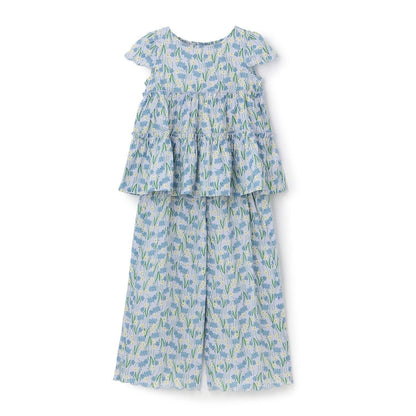 全面印花荷葉層疊上衣＋波浪邊褲裝套裝