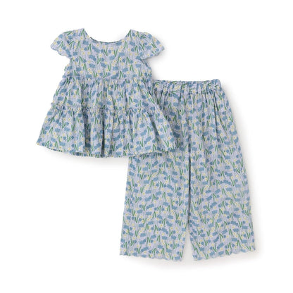 全面印花荷葉層疊上衣＋波浪邊褲裝套裝