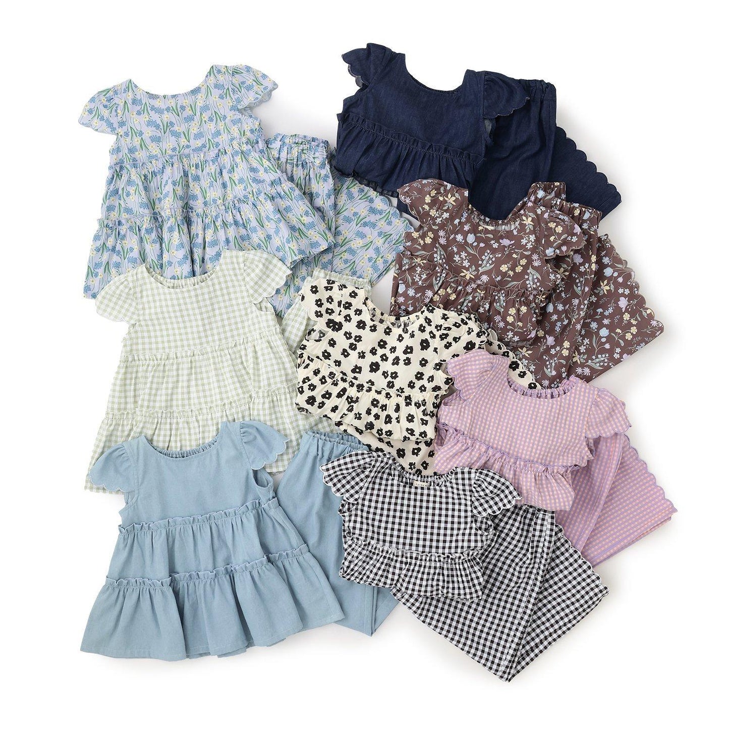 全面印花荷葉層疊上衣＋波浪邊褲裝套裝