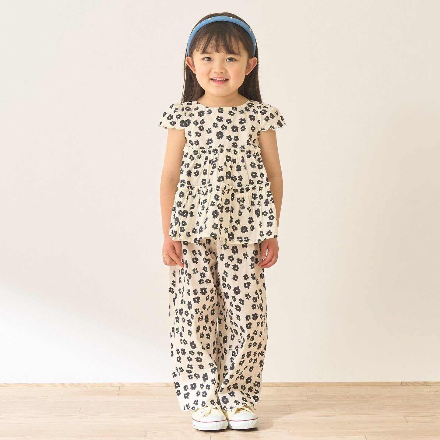 全面印花荷葉層疊上衣＋波浪邊褲裝套裝