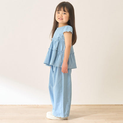 全面印花荷葉層疊上衣＋波浪邊褲裝套裝