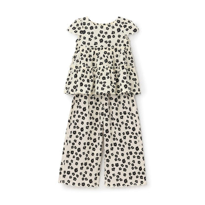 全面印花荷葉層疊上衣＋波浪邊褲裝套裝