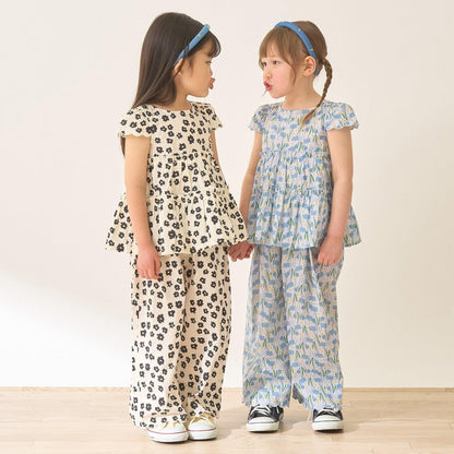 全面印花荷葉層疊上衣＋波浪邊褲裝套裝