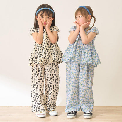 全面印花荷葉層疊上衣＋波浪邊褲裝套裝