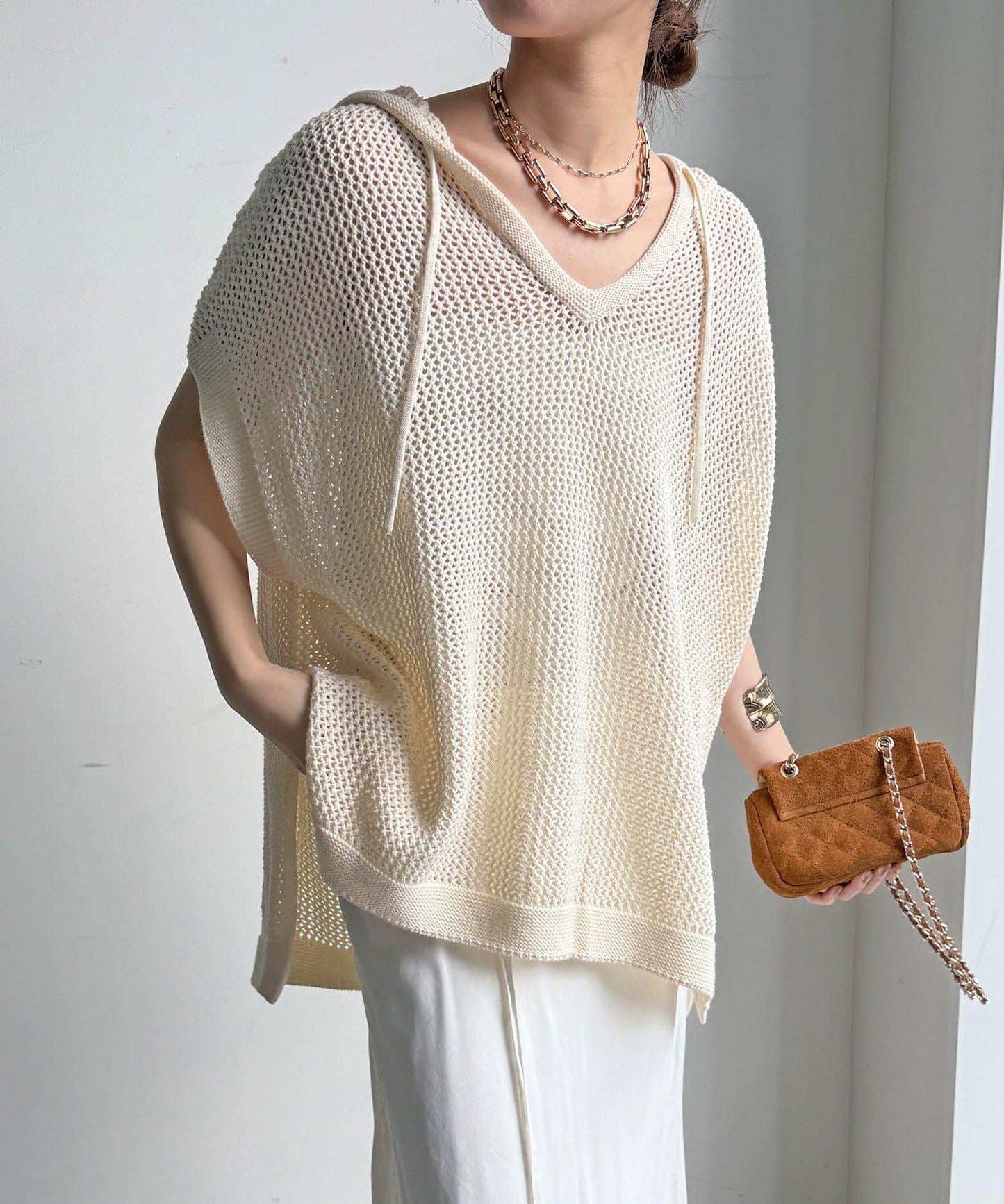 棉質針織網眼連帽背心