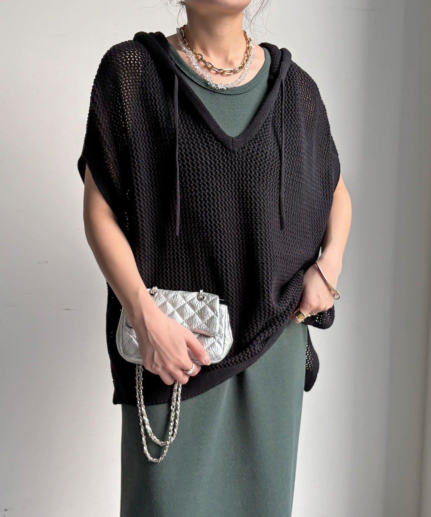 棉質針織網眼連帽背心