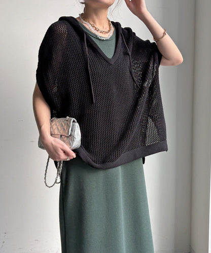 棉質針織網眼連帽背心
